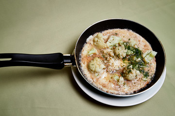 Cooking. Frying Broccoli in a pan with a liquid egg