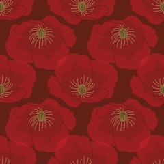 Bright poppy flowers seamless pattern design on Bordeaux backround