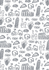 Doodle hand drawn background. Travel to Italy. Vector illustration.