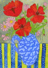 Bouquet of poppies and daisies. Bright illustration with tempera and ink. Cute illustration for the decor and design of posters, postcards, prints, stickers, invitations, textiles and stationery.