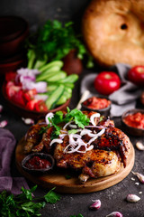 Chicken Tabaka.traditional Georgian dish .selective focus