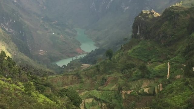 Blue River in Ha Giang Loop, North of Vietnam from the top of the mountain.