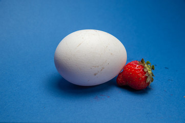 strawberry white egg and blue background