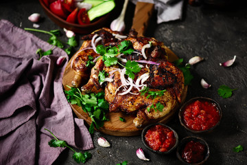 Chicken Tabaka.traditional Georgian dish .selective focus