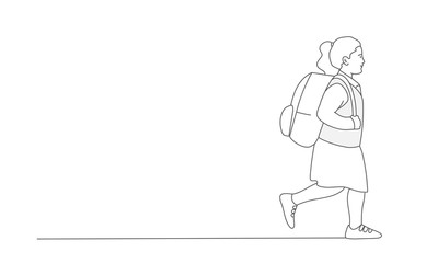 Girl with Backpack Going to School. Line drawing vector illustration.