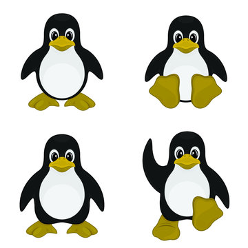 Vector design of four cute penguins, cute cartoon, on a white background