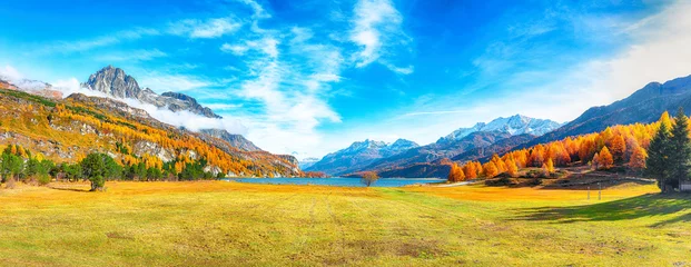 Papier Peint photo Bleu Charming autumn scene in Swiss Alps and views of Sils Lake (Silsersee).
