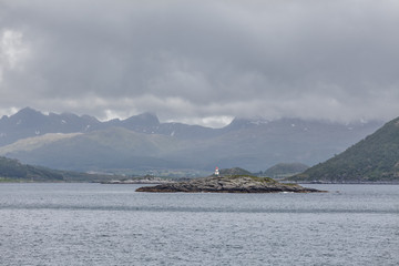 End of fjord. Beautiful Norwegian landscape. view of the fjords. Norway ideal fjord reflection in clear water In cloudy weather. selective focus