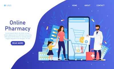 Online pharmacy concept Mom with a young lady orders medicine online Pharmacologist consultation via smartphone Medicine orders online pills vitamins spray syrup E-commerce medicaments Flat Vector