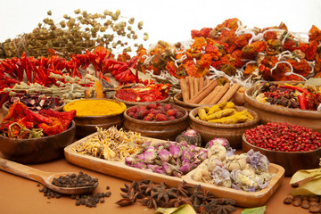 Various dried medicinal herbs. Natural Herbal Medicine Selection.