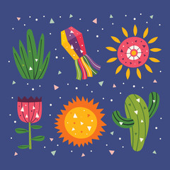 Mexico clip art. Cute sun, decor, cactus, grass and flower. Mexican party. Latin America holiday. Flat colourful vector illustration, set of elements, stickers isolated on dark background.