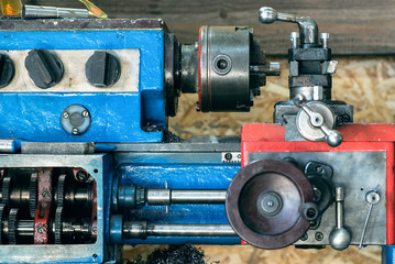 Lathe machine close up abstract background.