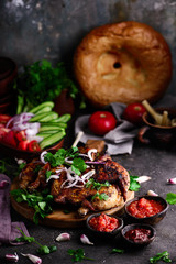 Chicken Tabaka.traditional Georgian dish .selective focus