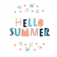 Hello summer - hand drawn inscription in scandinavian style. Hand drawn colorful lettering for diary, calendar, planner, poster, greeting, save the date card. Vector illustration.