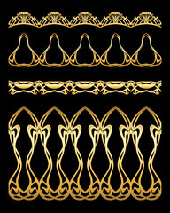 Set of seamless borders in art nouveau style, vintage, old, retro style in gold Isolated on black background..