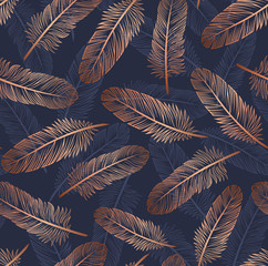Pattern with gold feathers on a blue background. Suitable for curtains, wallpaper, fabrics, wrapping paper.