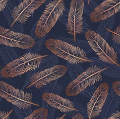 Rugzak Patroon met gouden veren op een blauwe achtergrond. Geschikt voor gordijnen, behang, stoffen, inpakpapier. © Avilika