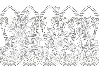 Vintage roses seamless pattern, background in art nouveau style, old, retro style. Outline vector illustration.