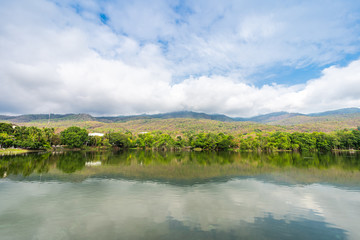 Fototapeta na wymiar landscape lake views at Ang Kaew Chiang Mai University in nature forest Mountain views spring blue sky background with white cloud.
