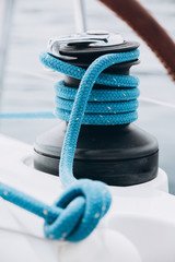 Sailboat winch and rope yacht detail. Yachting, Greece sea