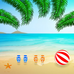 Summer view of the beach.Tropical background for summer holidays. Sea,sand,sky,wave,sun,palm leaves,starfish,mountain,Beach Ball and beach flip flops for summer season.Stock vector illustration.