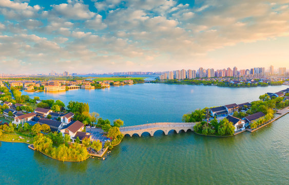 Aerial photos of ligongdi, Jinji Lake scenic spot, Suzhou City, Jiangsu Province, China