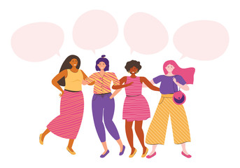 Women friendship group. Diverse female international team standing together, holding hands, girls power. Multinational sisterhood community. Women friends. Dialogue bubble with an empty space for text