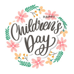 Fototapeta na wymiar happy children's day, cute vector greeting card with funny letters in scandinavian style and cartoon landscape