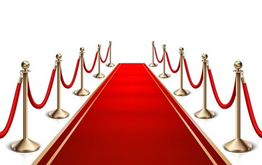 3d realistic vector red carpet and gold barrier.