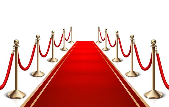 3d realistic vector red carpet and gold barrier.