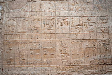 Hieroglyphic carvings on an ancient egyptian temple wall