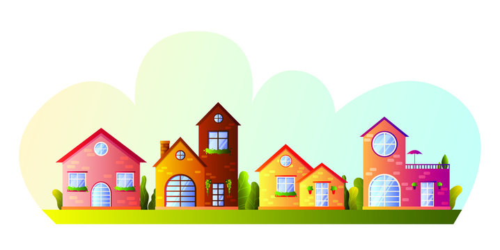 Street with cute colorful village houses and trees in cartoon style. Vector stock flat illustration.