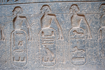 Hieroglyphic carvings on an ancient egyptian temple wall