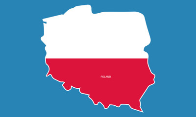 Poland sticker map with polish flag color decoration on blue background.