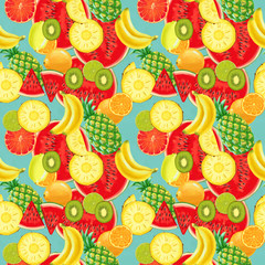 Hand drawn seamless pattern with bananas, coconuts, pineapples papaya kiwi fruit and watermelon