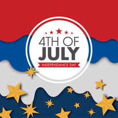 4th Of July, Independence Day Label with Golden Stars on American Flag Color Wavy Paper Cut Background.