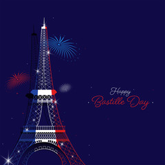 France Flag Color Eiffel Tower Monument with Fireworks on Purple Background for Happy Bastille Day Celebration Concept.