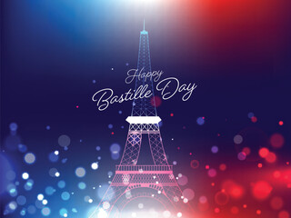 Happy Bastille Day Celebration Concept with Eiffel Tower Monument on Abstract Bokeh Lights Effect Background.