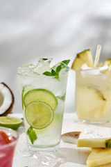 Pina colada cocktail on a grass background. Summer concept.