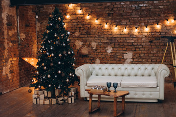 Beautiful Christmas interior with garlands and toys.