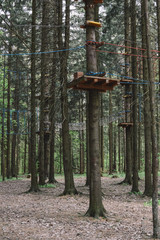 .Rope park in pine wood forest. Active life style. Obstacles concept