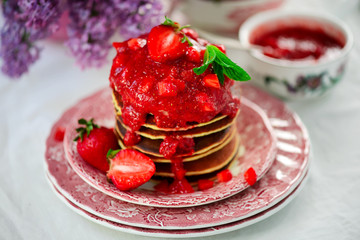 Pancakes with  strawberry chia sauce