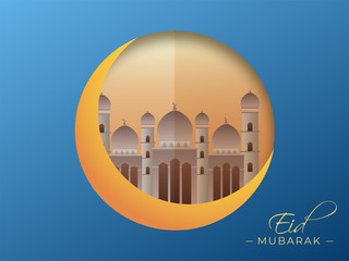 Paper Cut Circle Shape Background with Crescent Moon and Mosque for Eid Mubarak Concept.