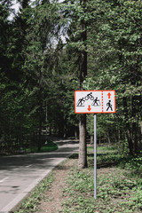 Road sign and Asphalt road in forest.