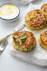 Cottage cheese pancakes with spinach and cheese.