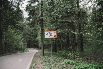 Road sign and Asphalt road in forest.