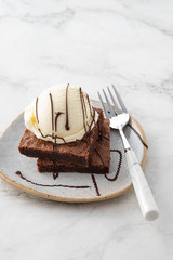 Chocolate Brownie with Ice Cream. Copy space.