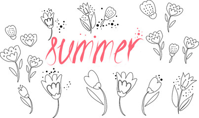 Floral background with yellow and pink flowers in Summer. Flower buds in a flat style.