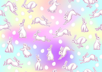 Seamless pattern with a white hares, colored eggs for easter. Colored vector illustration. In light ultra violet pastel colors on mesh pink, blue background.