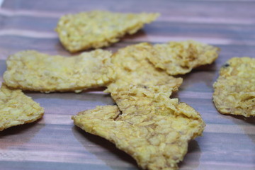 Crispy fried tempe from Jakarta. A delicious snack for lunch with rice. typical food from West Java. Foods made from soy beans which are rich in nutrition.